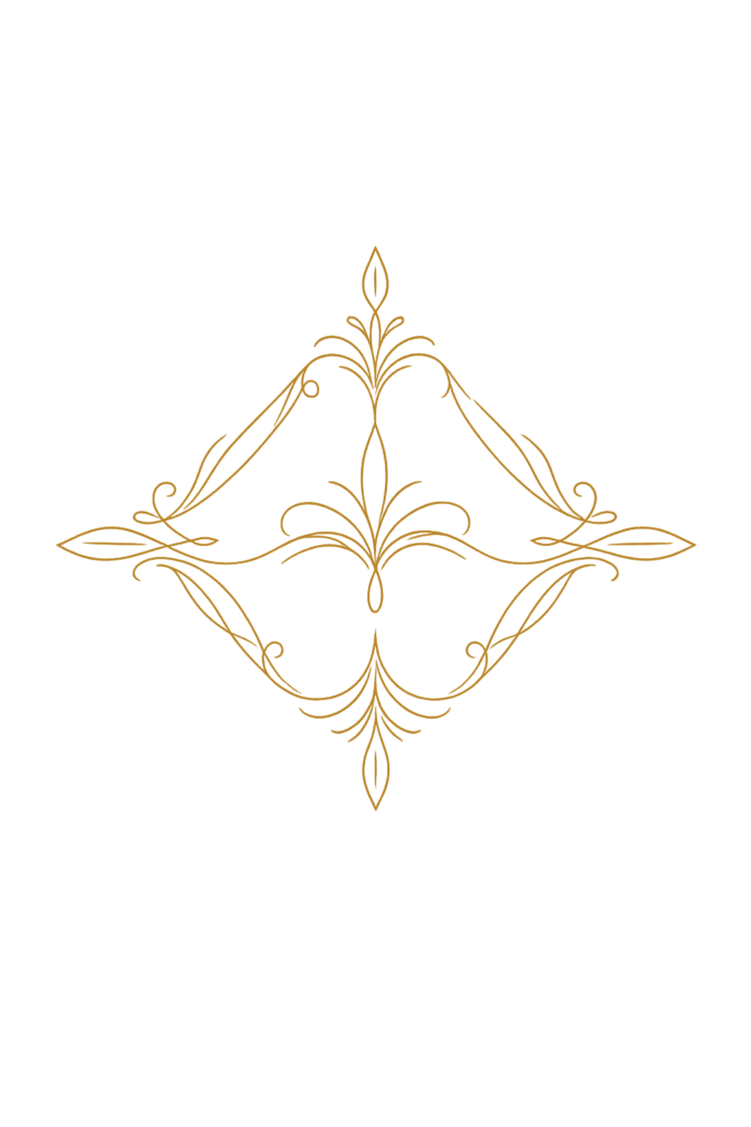 A symmetrical, gold ornamental design with floral and leaf elements forming a diamond shape on a light background. , The Goose Crown Inn