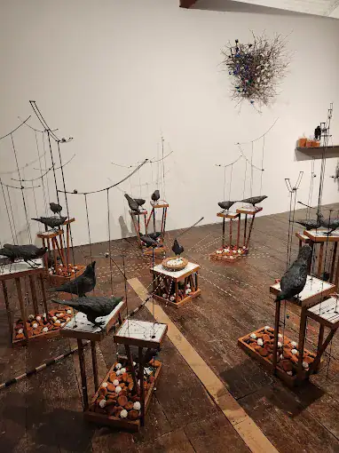 Art installation featuring black bird sculptures on wooden stands surrounded by eggshells, with wire structures and a nest-like sculpture on the wall in the background. , The Goose Crown Inn