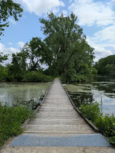 A wooden footbridge extends over a pond with green vegetation and trees on both sides under a partly cloudy sky. , The Goose Crown Inn
