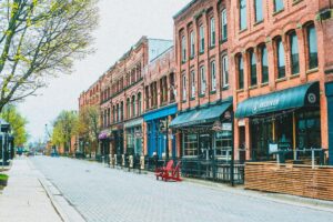 Downtown main street in small town near Madison WI; the Goose Crown Inn