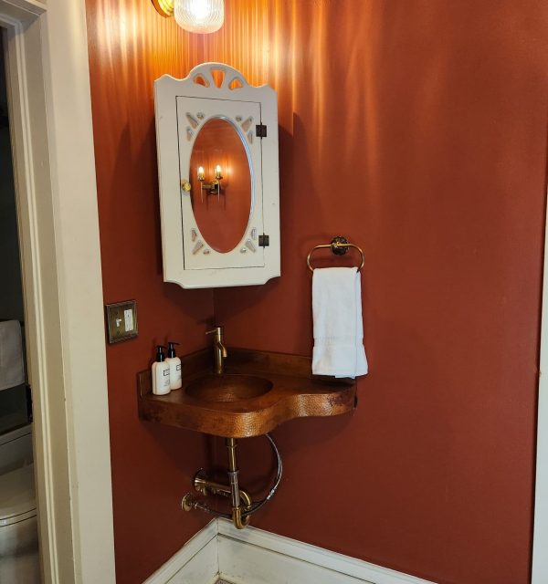 Corner bathroom sink with a wooden countertop, mounted oval mirror cabinet, towel ring with a white towel, and two soap dispensers, against a reddish-brown wall. , The Goose Crown Inn