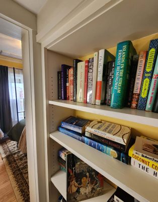 A bookshelf with three shelves holds various books, including "Island in the Stream," "The Kite Runner," and a children's book titled "Ferry" at the bottom. A bedroom is visible through a doorway. , The Goose Crown Inn