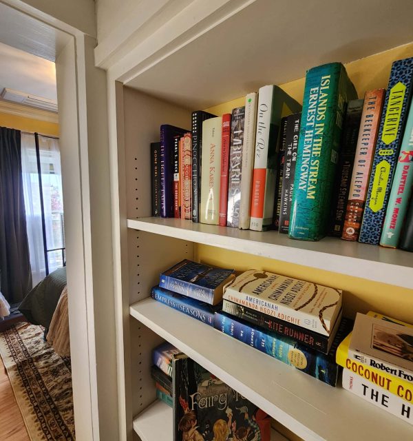 A bookshelf with three shelves holds various books, including "Island in the Stream," "The Kite Runner," and a children's book titled "Ferry" at the bottom. A bedroom is visible through a doorway. , The Goose Crown Inn