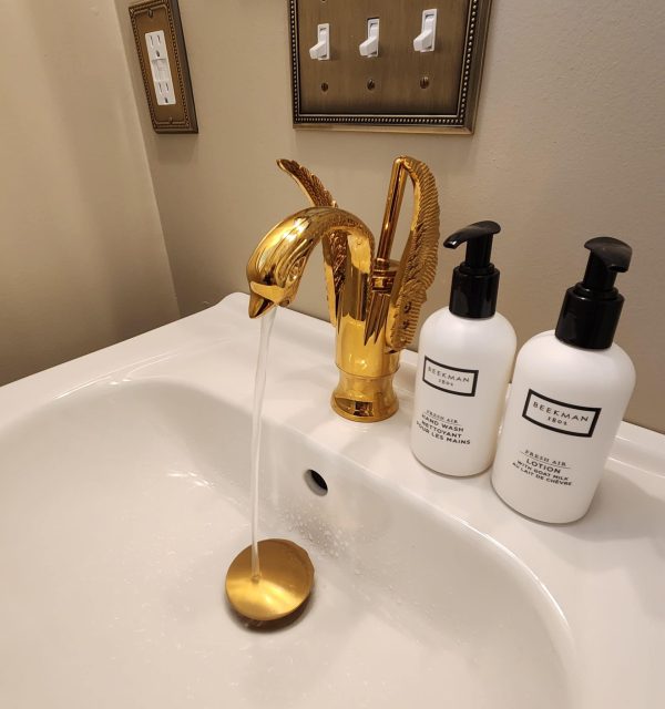 A gold swan-shaped faucet runs water into a white sink, with two labeled soap dispensers on the counter beside it. , The Goose Crown Inn
